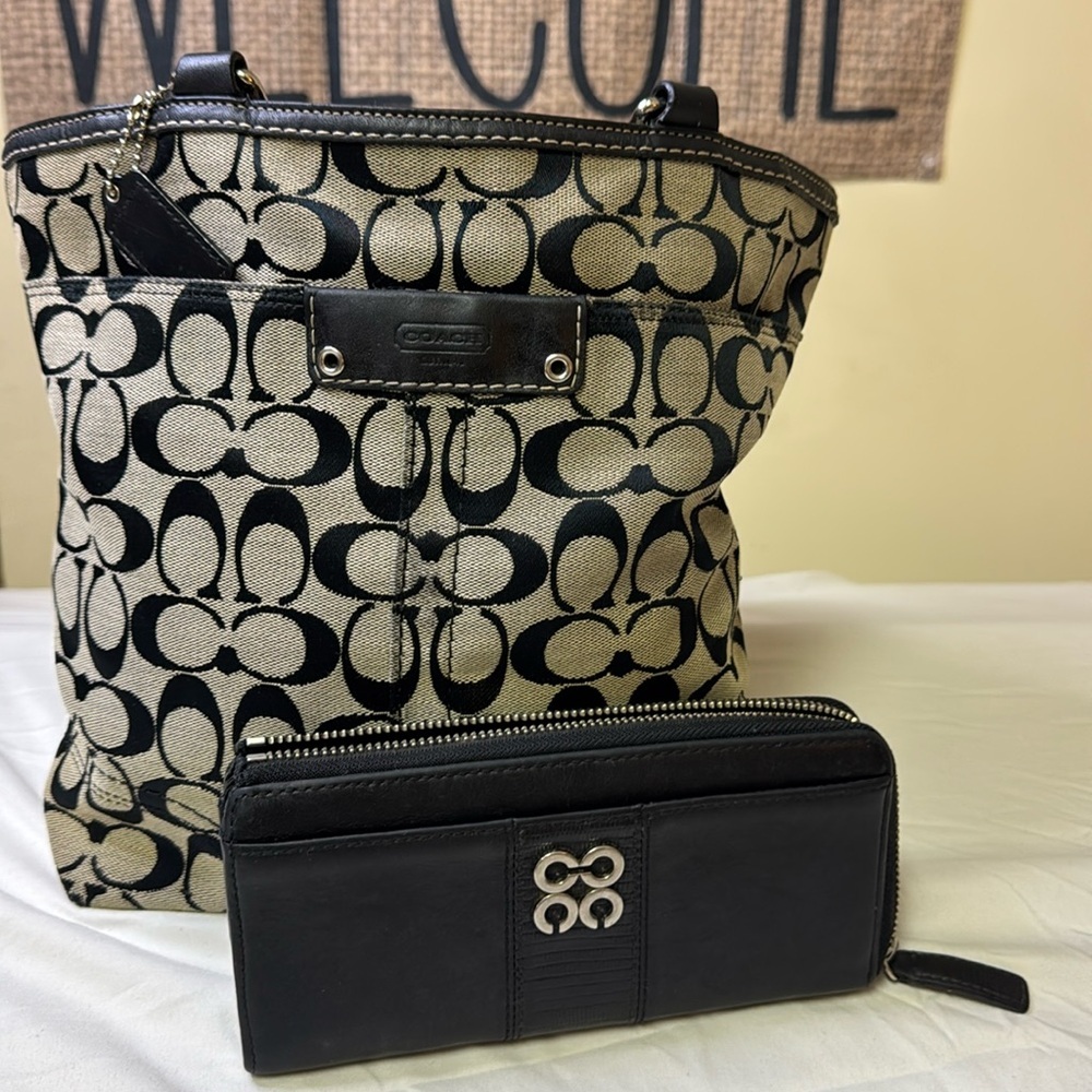 Coach Black and Tan Signature Tote with Leather Handles and leather Coach wallet